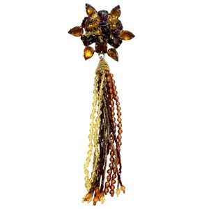 Huge Vintage Topaz Amber Crystal Tassel Brooch